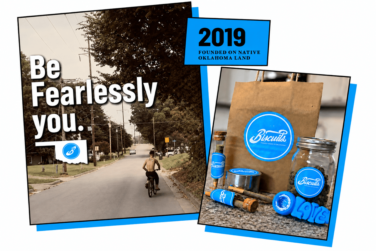 Be Fearlessly You beside Biscuits accessories, with Biscuits' Oklahoma roots and 2019 founding date