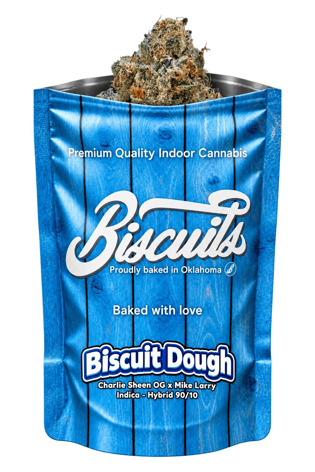 Biscuit Dough bag with its flower nug emerging from the top
