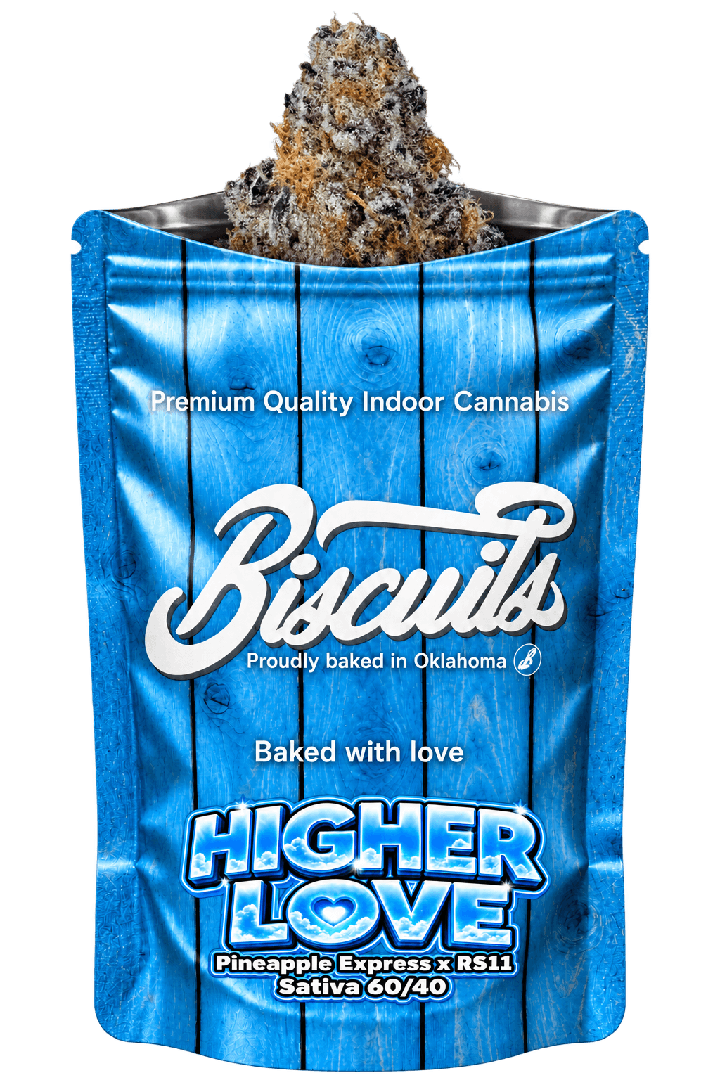 Higher Love bag with its flower nug emerging from the top